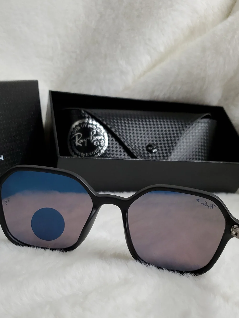 Ray-Ban Black Frame Sunglasses with Blue Mirrored Lenses - Hexagonal Style